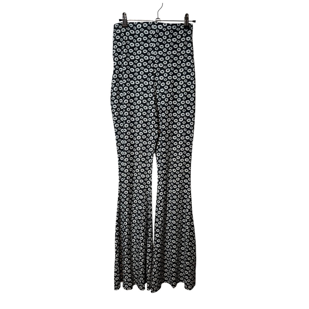 Cat O' Nine Daisy Floral High Waist Bell Bottom Pants Large Black White Festival